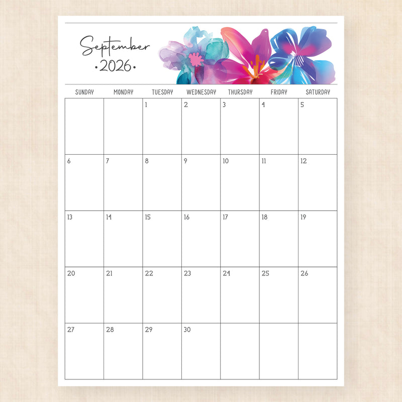 september 2026 calendar boho bougainvillea