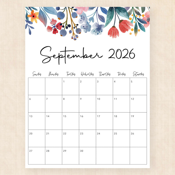 september 2026 calendar floral fantasy