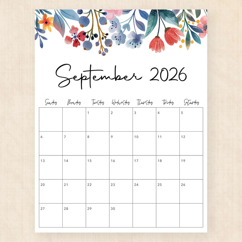 september 2026 calendar floral fantasy