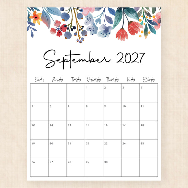 september 2027 calendar floral fantasy