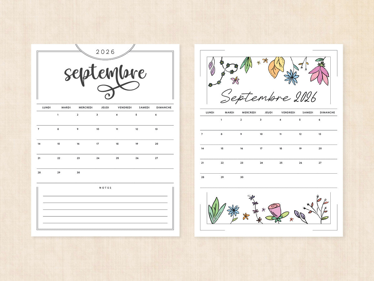 septembre 2026 calendrier vierge