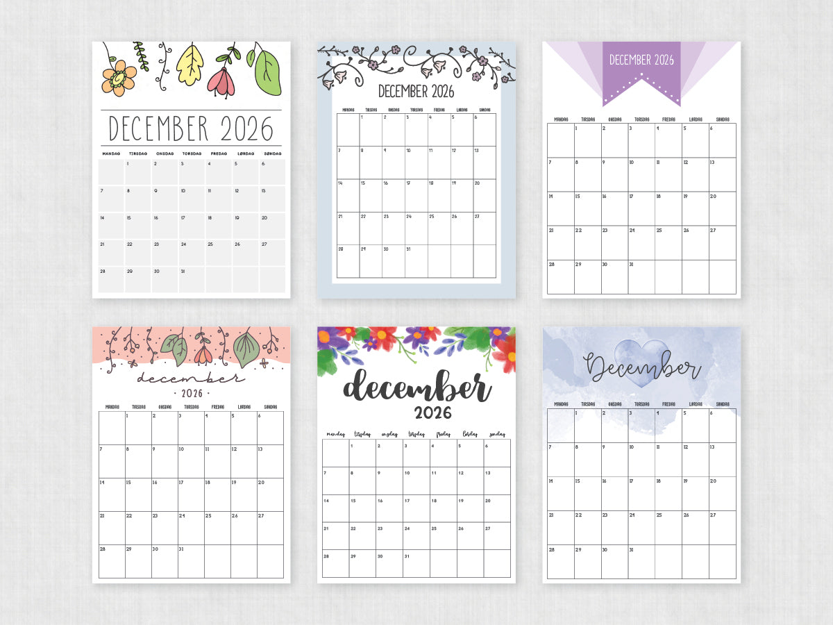 udskrivbar kalender december 2026