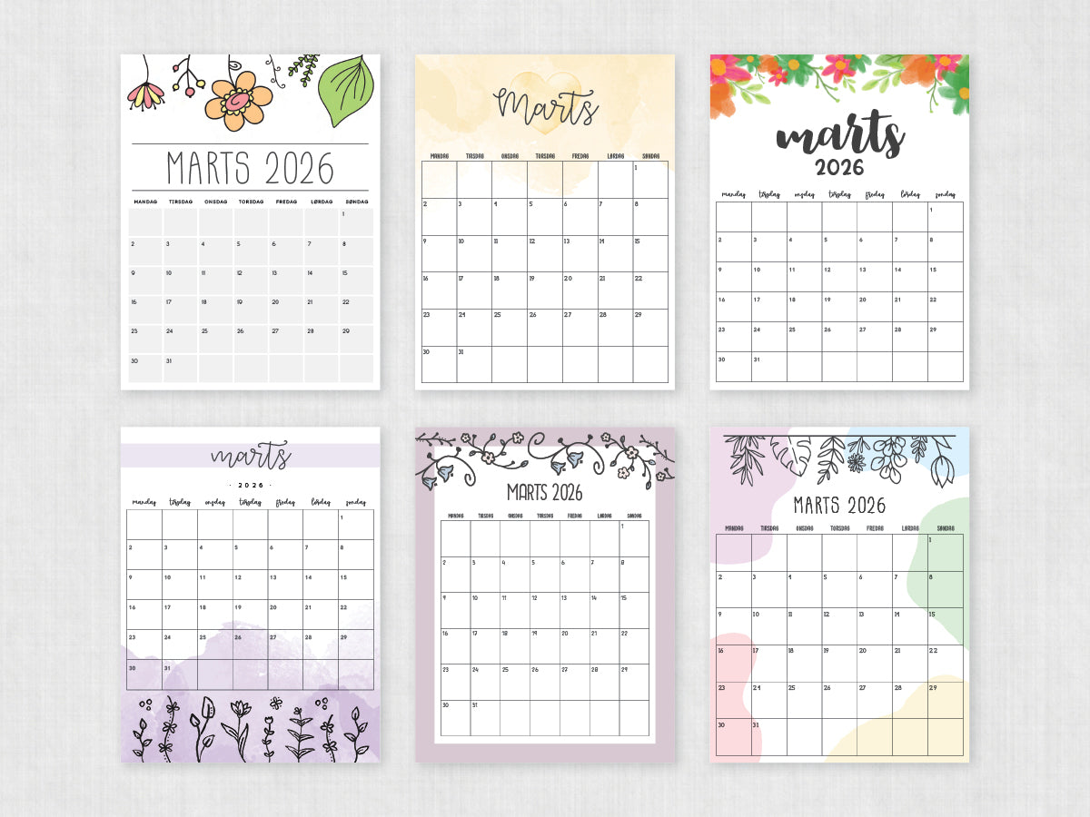 udskrivbar kalender marts 2026
